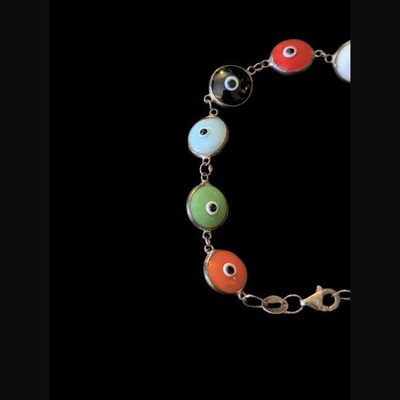 925 Oxidized Sterling Silver Multicolor Evil Eye Size 6.75" Bracelet - Picture 9 of 10